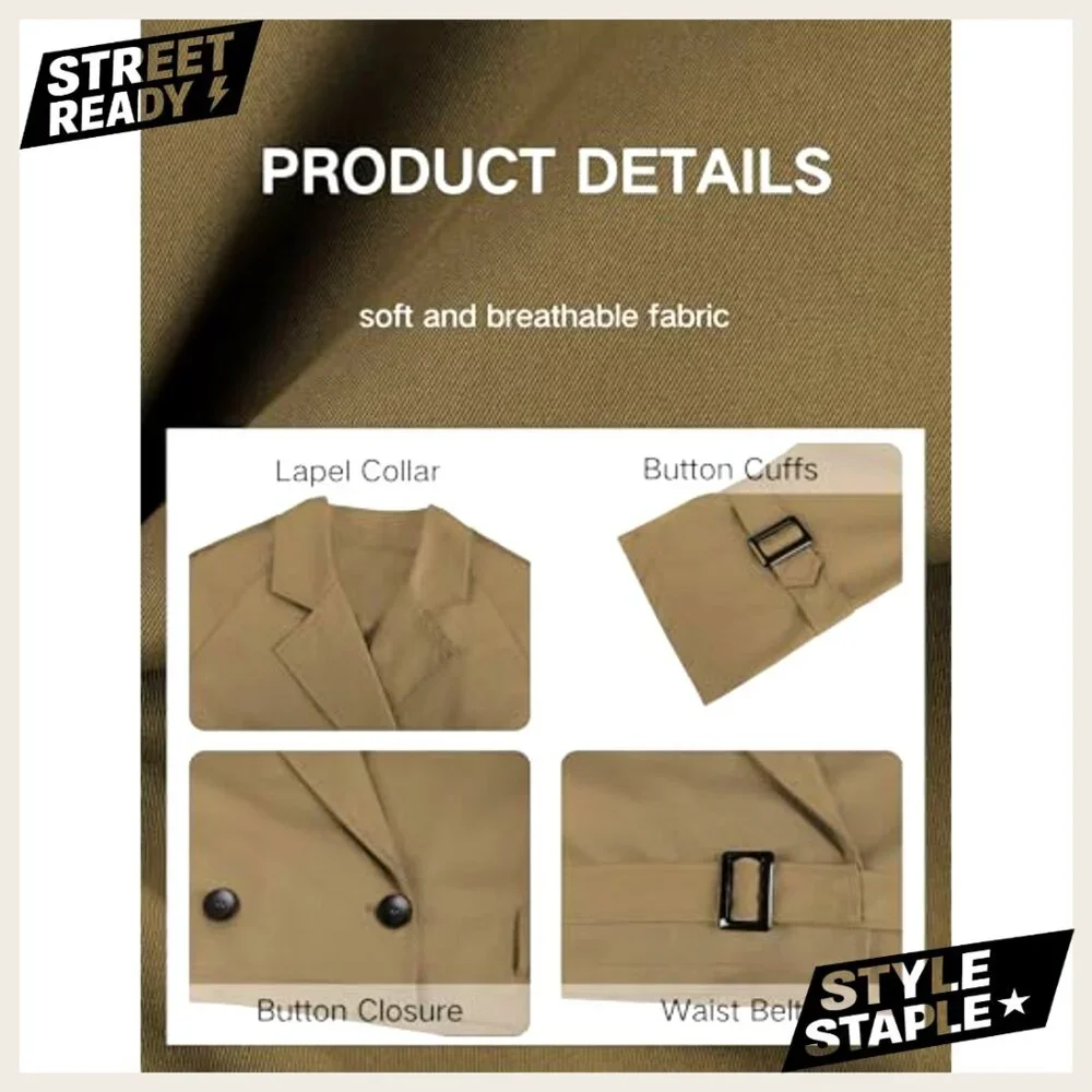 Cropped Trench Coat with Belt, Double Breasted Casual Jacket, Polyester - Picture 5 of 7